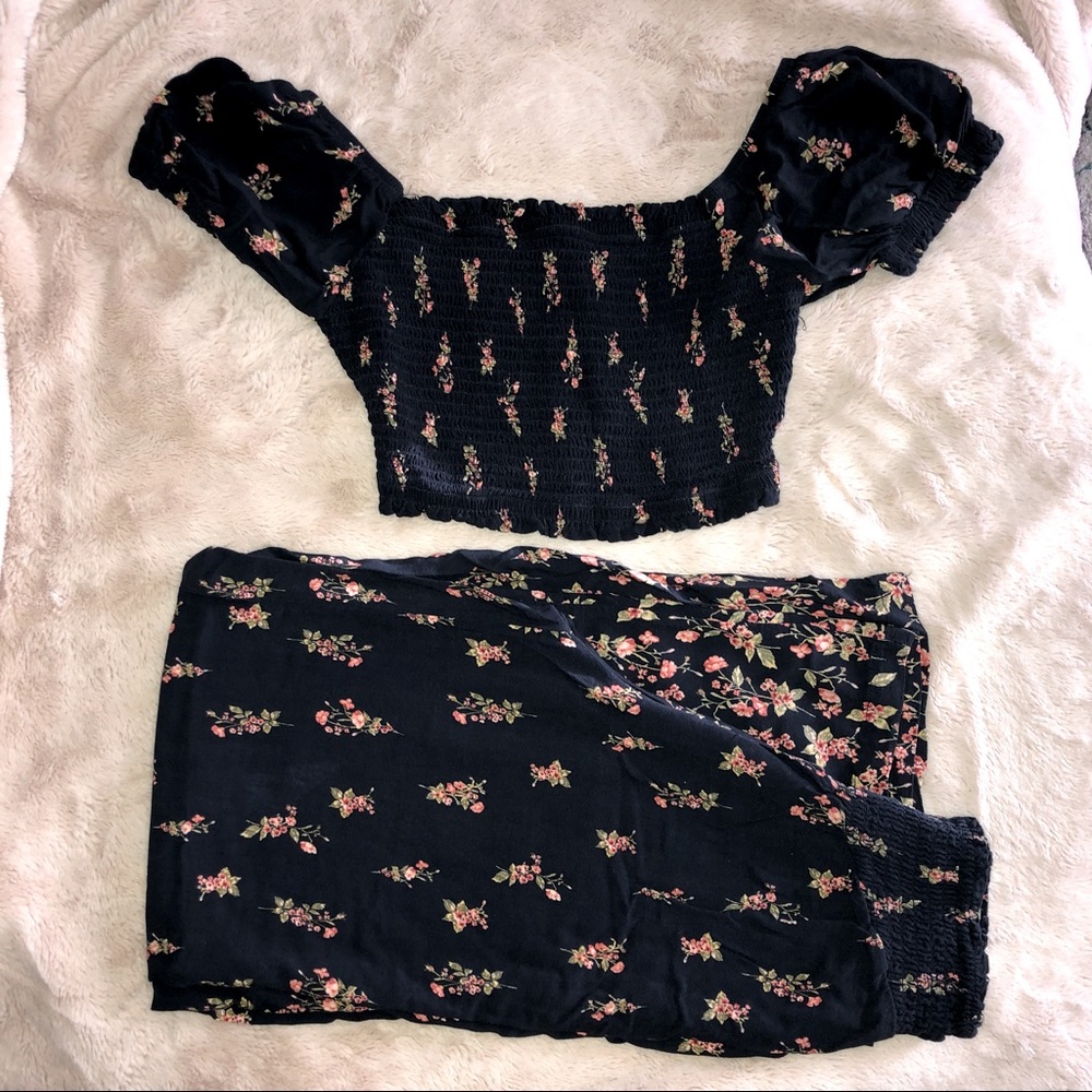 Navy and Pink Floral Off The Shoulder Top and Wide Leg Pants Set - Picture 1 of 13